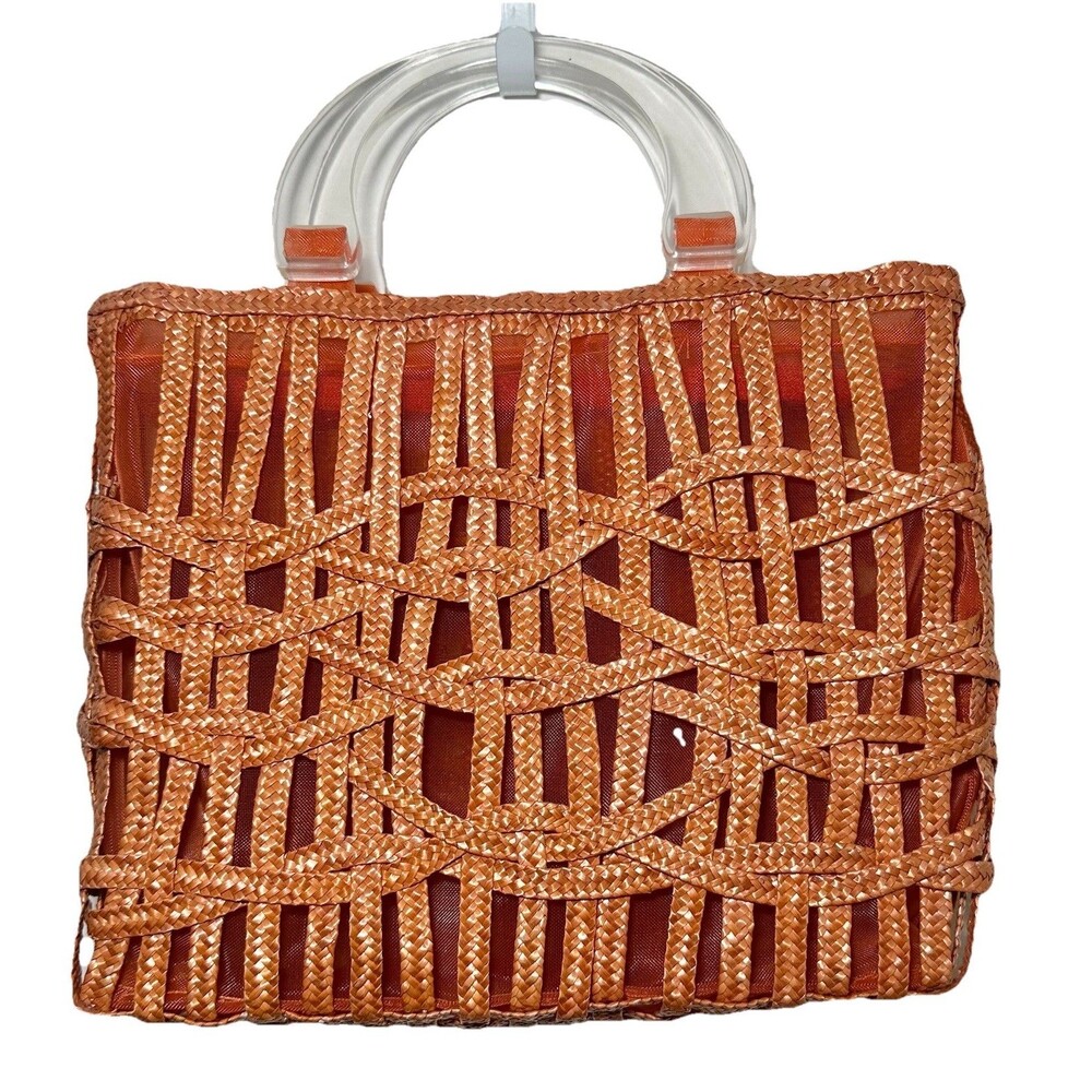 Fina Firenze Woven Lucite Handle Handbag Orange Retro Resort Tote